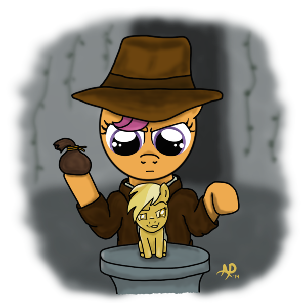 Size: 1100x1095 | Tagged: safe, artist:sgtgarand, derpibooru import, rainbow dash, scootaloo, pegasus, pony, clothes, faic, figurine, hat, idol, indiana jones, parody, raiders of the lost ark, smug, smugdash, solo