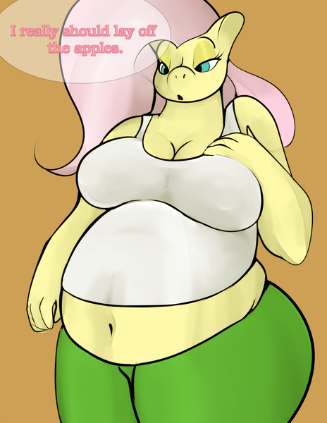Size: 714x924 | Tagged: anthro, artist:simplyshivers, belly, belly button, big belly, breasts, brown background, busty fluttershy, chubby, cleavage, comic, comic:craving an apple or two, derpibooru import, digestion, fat, fat fetish, fattershy, female, fetish, flutterpred, fluttershy, grimdark, post-vore, simple background, solo, solo female, suggestive, vore, weight gain