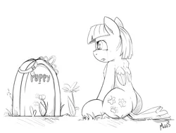 Size: 3000x2262 | Tagged: safe, artist:sea-maas, derpibooru import, ripley, zippoorwhill, pegasus, pony, forever filly, bad end, black and white, collar, crying, feels, flower, grass, grave, gravestone, grayscale, implied death, jewelry, monochrome, mortality blues, older, sad, simple background, solo, tiara, white background