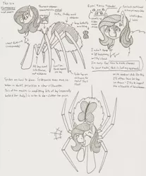 Size: 1200x1452 | Tagged: artist:couchcrusader, comic:children of everfree, derpibooru import, female, fluttershy, grayscale, monochrome, monster pony, original species, reference sheet, safe, solo, species swap, spiderpony, spidershy