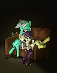 Size: 917x1174 | Tagged: safe, artist:soshyqqq, derpibooru import, bon bon, lyra heartstrings, sweetie drops, earth pony, pony, unicorn, couch, dark, duo, eating, food, levitation, magic, popcorn, remote, remote control, telekinesis, television