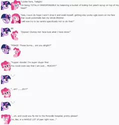 Size: 848x886 | Tagged: artist:dziadek1990, conversation, derpibooru import, dialogue, emotes, emote story, pain, pinkie pie, pun, reality ensues, reddit, safe, slice of life, text, twilight sparkle