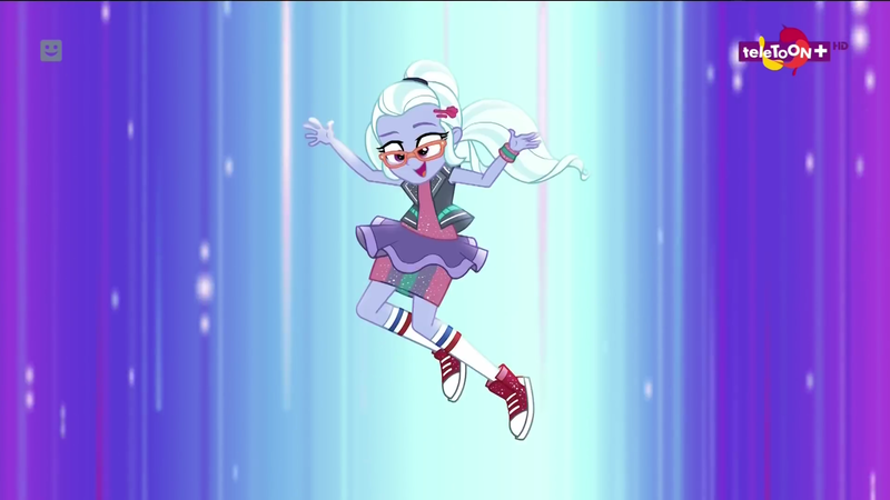 Size: 1920x1080 | Tagged: safe, derpibooru import, screencap, sugarcoat, dance magic, equestria girls, spoiler:eqg specials, clothes, converse, cute, dance magic (song), female, glasses, open mouth, shoes, skirt, smiling, sneakers, socks, solo, sugarcute, teletoon, when she smiles