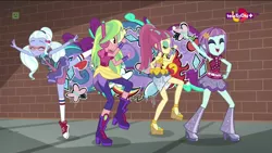 Size: 1920x1080 | Tagged: safe, derpibooru import, screencap, lemon zest, sour sweet, sugarcoat, sunny flare, dance magic, equestria girls, spoiler:eqg specials, adoraflare, boots, clothes, converse, crystal prep shadowbolts, cute, cutie mark, ear piercing, earring, eyes closed, female, freckles, glasses, group, headphones, heart, high heel boots, jewelry, open mouth, piercing, pointe, raised leg, shoes, skirt, sneakers, socks, sourbetes, sugarcute, teletoon, tutu, zestabetes