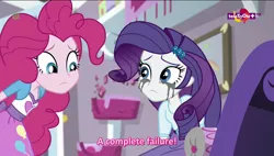 Size: 1600x908 | Tagged: safe, derpibooru import, screencap, pinkie pie, rarity, dance magic, equestria girls, spoiler:eqg specials, crying, fail, failure, makeup, marshmelodrama, running makeup, subtitles, teletoon