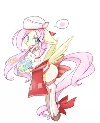 Size: 1300x1600 | Tagged: safe, artist:azurepicker, derpibooru import, fluttershy, pony, bravely second, cake, clothes, food, simple background, solo, spoken heart