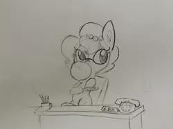 Size: 1280x952 | Tagged: safe, artist:tjpones, derpibooru import, oc, oc:brownie bun, unofficial characters only, earth pony, pony, horse wife, bubblegum, ear fluff, food, glasses, gum, hoof hold, lineart, nail file, secretary, sitting, solo, traditional art