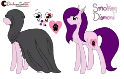 Size: 2082x1327 | Tagged: safe, artist:anxiouslilnerd, derpibooru import, oc, oc:smokey diamond, unofficial characters only, pony, changeling ears, cloak, clothes, female, heterochromia, mare, reference sheet, simple background, solo, transparent background