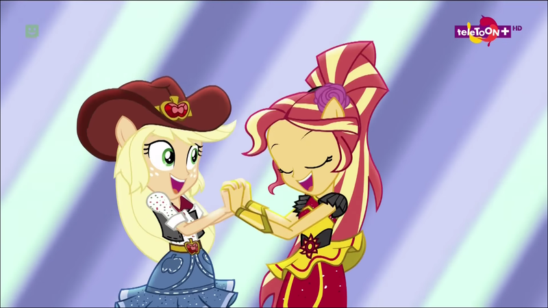Size: 1366x768 | Tagged: safe, derpibooru import, screencap, applejack, sunset shimmer, dance magic, equestria girls, spoiler:eqg specials, alternate hairstyle, clothes, cowboy hat, cute, dancing, duo, eyes closed, female, hat, holding hands, jackabetes, open mouth, ponied up, shimmerbetes, skirt, teletoon