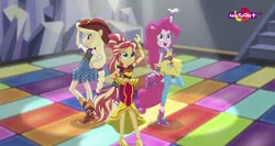 Size: 1366x724 | Tagged: safe, derpibooru import, screencap, applejack, pinkie pie, sunset shimmer, dance magic, equestria girls, spoiler:eqg specials, alternate hairstyle, boots, clothes, cowboy hat, cute, dancing, diapinkes, female, group, hat, jackabetes, open mouth, ponied up, shimmerbetes, skirt, teletoon, trio