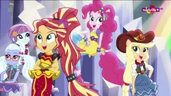 Size: 1366x768 | Tagged: safe, derpibooru import, screencap, applejack, pinkie pie, sugarcoat, sunny flare, sunset shimmer, dance magic, equestria girls, spoiler:eqg specials, adoraflare, alternate hairstyle, clothes, cowboy hat, cute, glasses, hat, jackabetes, open mouth, ponied up, shimmerbetes, skirt, sugarcute, teletoon