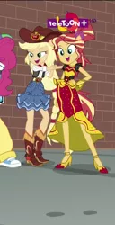 Size: 394x768 | Tagged: safe, derpibooru import, screencap, applejack, pinkie pie, rainbow dash, sunset shimmer, dance magic, equestria girls, spoiler:eqg specials, alternate hairstyle, boots, brick wall, clothes, cowboy boots, cowboy hat, cropped, cute, dress, female, group, hat, high heel boots, high heels, jackabetes, lidded eyes, open mouth, ponied up, ponytail, rapper pie, shimmerbetes, skirt, sun, teletoon, tutu