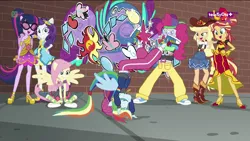 Size: 1366x768 | Tagged: safe, derpibooru import, screencap, applejack, fluttershy, pinkie pie, rainbow dash, rarity, sci-twi, sunset shimmer, twilight sparkle, dance magic, equestria girls, spoiler:eqg specials, alternate hairstyle, ballet slippers, bedroom eyes, boots, breakdancing, brick wall, clothes, converse, cute, dancing, eyes closed, female, glasses, graffiti, group, humane five, humane seven, humane six, lidded eyes, mc pinkie, open mouth, ponied up, rapper dash, rapper pie, scitwilicorn, shoes, shutter shades, skirt, smiling, sneakers, teletoon