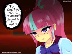 Size: 2000x1500 | Tagged: safe, artist:minusclass, derpibooru import, sour sweet, equestria girls, friendship games, bowtie, clothes, creepy, crystal prep academy uniform, dialogue, female, freckles, school uniform, smiling, solo, sourdere, spanish, speech bubble, yandere