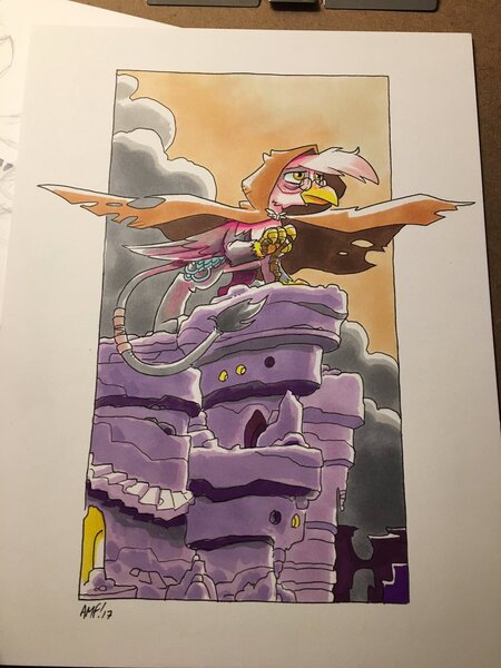 Size: 900x1200 | Tagged: safe, artist:tonyfleecs, derpibooru import, gryphon, castle, cloud, hood, majestic, ruins, solo, stairs, traditional art