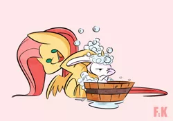 Size: 540x381 | Tagged: safe, artist:fluttershythekind, derpibooru import, angel bunny, fluttershy, pegasus, pony, rabbit, basket, bath, bubble, cute, duo, forced bathing, pink background, shyabetes, simple background, sitting, water