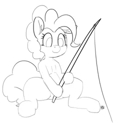 Size: 1280x1258 | Tagged: safe, artist:pabbley, derpibooru import, pinkie pie, pony, 30 minute art challenge, fishing rod, monochrome, sitting, sketch, solo