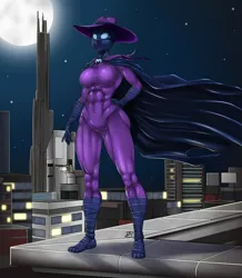 Size: 700x801 | Tagged: abs, adonis belt, anthro, artist:pia-sama, breasts, busty mare do well, cape, city, clothes, costume, derpibooru import, female, hat, mare do well, mask, muscles, night, plantigrade anthro, solo, solo female, suggestive