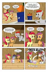 Size: 900x1350 | Tagged: safe, artist:cartoon-eric, derpibooru import, apple bloom, scootaloo, sweetie belle, oc, oc:fritz, oc:gear loose, pony, comic:cmc and gear loose, comic, cutie mark crusaders, faint, shocked, spook-o-matic, wide eyes