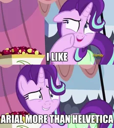Size: 1256x1406 | Tagged: safe, derpibooru import, edit, edited screencap, screencap, starlight glimmer, pony, rock solid friendship, arial, exploitable meme, helvetica, impact font, meme, starlight's confessions, typeface