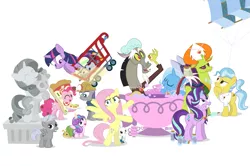 Size: 1093x726 | Tagged: safe, artist:dm29, derpibooru import, angel bunny, chipcutter, discord, doctor fauna, fluttershy, maud pie, pinkie pie, princess flurry heart, rarity, starlight glimmer, sweetie belle, thorax, trixie, twilight sparkle, twilight sparkle (alicorn), whammy, alicorn, changedling, changeling, pony, a flurry of emotions, all bottled up, celestial advice, fluttershy leans in, forever filly, rock solid friendship, anger magic, bottled rage, cinnamon nuts, cup, equestrian pink heart of courage, food, helmet, hug, jalapeno red velvet omelette cupcakes, king thorax, kite, magic, mining helmet, pizza costume, pizza head, reformed four, shopping cart, simple background, statue, stingbush seed pods, teacup, that pony sure does love kites, that pony sure does love teacups, the meme continues, the story so far of season 7, this isn't even my final form, wall of tags, white background