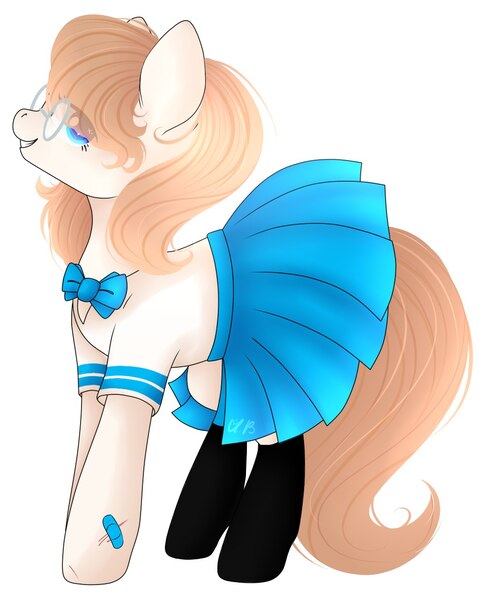 Size: 1033x1281 | Tagged: safe, artist:aliceub, derpibooru import, oc, unofficial characters only, earth pony, pony, bowtie, clothes, cute, female, glasses, mare, pleated skirt, simple background, skirt, skirt lift, socks, solo, white background