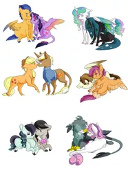 Size: 1624x2177 | Tagged: safe, artist:rhinestonearts, derpibooru import, applejack, coloratura, featherweight, flash sentry, gabby, octavia melody, princess celestia, queen chrysalis, scootaloo, sweetie belle, trenderhoof, twilight sparkle, twilight sparkle (alicorn), alicorn, changeling, gryphon, pony, boop, chest fluff, chryslestia, clothes, colored wings, colored wingtips, cuddling, female, flashlight, gabbelle, hug, interspecies, leonine tail, lesbian, male, mare, nose piercing, nose ring, noseboop, older, piercing, scootaweight, shipping, simple background, stallion, straight, sweater, tail feathers, taviratura, tongue out, trenderjack, white background, winghug