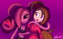 Size: 1024x647 | Tagged: safe, artist:wubcakeva, derpibooru import, oc, oc:cupcake slash, oc:scarlett, unofficial characters only, succubus, equestria girls, black sclera, clothes, female, seduction, tail