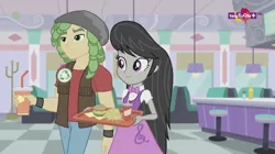 Size: 1136x638 | Tagged: safe, derpibooru import, screencap, octavia melody, sandalwood, dance magic, equestria girls, spoiler:eqg specials, beanie, bowtie, burger, cafe, clothes, cup, female, food, french fries, hamburger, hat, male, skirt, soda, teletoon