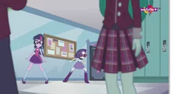 Size: 1152x638 | Tagged: safe, derpibooru import, screencap, cold forecast, rarity, sci-twi, twilight sparkle, dance magic, equestria girls, spoiler:eqg specials, background human, boots, bowtie, bracelet, clothes, crystal prep academy, crystal prep academy uniform, door, glasses, high heel boots, hoodie, jewelry, lockers, mary janes, pleated skirt, ponytail, school, school uniform, shoes, skirt, sneaking, socks, teletoon