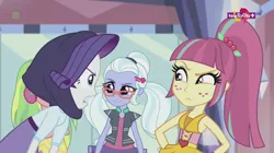 Size: 1136x638 | Tagged: safe, derpibooru import, screencap, lemon zest, rarity, sour sweet, sugarcoat, dance magic, equestria girls, spoiler:eqg specials, angry, clothes, crystal prep academy, female, freckles, glasses, group, hand on hip, headphones, open mouth, ponytail, raised eyebrow, skirt, teletoon