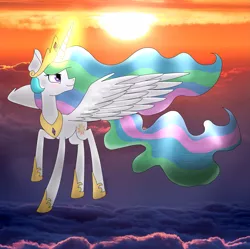 Size: 2817x2808 | Tagged: safe, artist:sashaartheart, derpibooru import, princess celestia, alicorn, pony, cloud, cloudy, crown, jewelry, magic, peytral, raised hoof, raising the sun, regalia, solo, spread wings, sun, sunset, wings