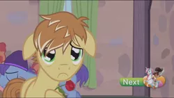 Size: 1136x640 | Tagged: safe, derpibooru import, screencap, feather bangs, smooth vibes, stereo mix, earth pony, horse, human, pony, unicorn, hard to say anything, :c, backup dancers, bangabetes, cute, eyes closed, floppy ears, flower, frown, hat, horse-pony interaction, humans riding horses, looking at you, male, nella the princess knight, puppy dog eyes, riding, rose, sad, solo focus, stallion, woobie