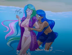 Size: 2786x2152 | Tagged: artist:shinta-girl, belly button, blue underwear, bra, breasts, busty princess celestia, busty princess luna, clothes, commission, couple, dark skin, derpibooru import, female, frilly underwear, human, humanized, incest, lake, legend of everfree, lesbian, lipstick, panties, pink underwear, princess celestia, princess luna, princest, principal celestia, principalest, royal sisters, shipping, shorts, signature, sisters, suggestive, underwear, vice principal luna, water