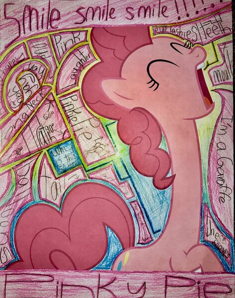 Size: 1024x1299 | Tagged: safe, artist:project-parallel, derpibooru import, pinkie pie, pony, long neck, misspelling, solo, traditional art, wat