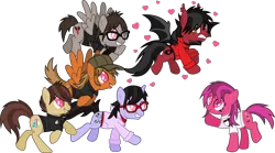 Size: 4588x2555 | Tagged: safe, artist:lightningbolt, derpibooru import, oc, oc:revision, ponified, bat pony, earth pony, pegasus, pony, unicorn, .svg available, bat wings, brendon urie, clandestine industries, clothes, ear fluff, emo, eyes on the prize, fall out boy, fangs, female, flying, following, glasses, grin, group, hat, heart, heart eyes, hoodie, horn, implied gay, implied shipping, jewelry, looking back, looking up, makeup, male, mare, mikey way, my chemical romance, necklace, panic! at the disco, patrick stump, pete wentz, raised hoof, running, ryan ross, scared, shirt, sideburns, simple background, sleeves pulled up, slit eyes, smiling, spread wings, stallion, svg, t-shirt, tongue out, transparent background, undershirt, vector, want it need it, wingding eyes, wings, wristband, zipper