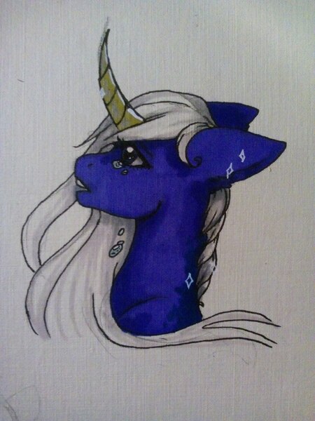 Size: 1620x2160 | Tagged: safe, artist:candyflora, derpibooru import, oc, unofficial characters only, pony, unicorn, bust, curved horn, portrait, solo, traditional art