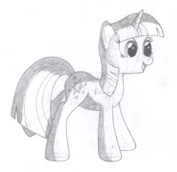 Size: 1370x1326 | Tagged: safe, artist:aafh, derpibooru import, twilight sparkle, pony, unicorn, grayscale, monochrome, open mouth, raised leg, simple background, smiling, solo, traditional art, white background