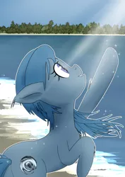 Size: 2894x4093 | Tagged: safe, artist:yinglongfujun, derpibooru import, oc, oc:briny gust, unofficial characters only, earth pony, pony, absurd resolution, beach, crepuscular rays, pointing, raised leg, seashore, smiling, solo, tree