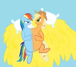 Size: 1145x1009 | Tagged: safe, artist:theunknowenone1, derpibooru import, applejack, rainbow dash, pony, appledash, blue background, conjoined, female, multiple heads, pillow, pregnant, simple background, two heads, wat