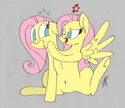 Size: 1000x858 | Tagged: safe, artist:bylthedoctor, derpibooru import, fluttershy, pony, belly button, conjoined, duo, floating heart, flutters, gray background, heart, multiple heads, self ponidox, selfcest, shipping, shyshy (selfcest), simple background, spread wings, two heads, two-headed fluttershy, wingboner, wings