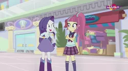 Size: 1136x638 | Tagged: safe, derpibooru import, screencap, rarity, sour sweet, dance magic, equestria girls, spoiler:eqg specials, boots, clothes, crystal prep academy uniform, duo, female, freckles, mall, pleated skirt, ponytail, school uniform, shoes, skirt, smiling, socks, teletoon