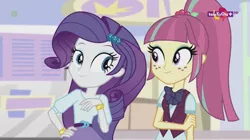Size: 1136x638 | Tagged: safe, derpibooru import, screencap, rarity, sour sweet, dance magic, equestria girls, spoiler:eqg specials, bowtie, bracelet, clothes, crystal prep academy uniform, duo, female, freckles, jewelry, looking at each other, ponytail, school uniform, teletoon