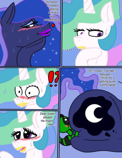 Size: 984x1280 | Tagged: suggestive, artist:digitaldomain123, artist:skunkdude13, derpibooru import, princess celestia, princess luna, oc, oc:cameron, alicorn, pony, comic:adorable treatment, ass, blushing, chibi, comic, domination, female, fetish, heart, lipstick, makeup, mare, non-mlp oc, sweat