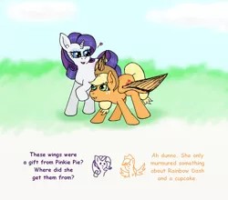 Size: 1250x1100 | Tagged: safe, artist:eulicious, derpibooru import, applejack, rarity, pegasus, pony, fanfic:cupcakes, butt touch, cloud, feathermarking, female, flapplejack, heart, implied cupcakes, implied murder, lesbian, race swap, rarijack, shipping, text