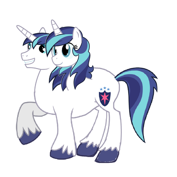 Size: 1465x1469 | Tagged: safe, artist:theunknowenone1, derpibooru import, shining armor, pony, alternate universe, brother and sister, conjoined, conjoined twins, gleaming shield, multiple heads, not salmon, rule 63, siblings, simple background, twins, two heads, wat, white background