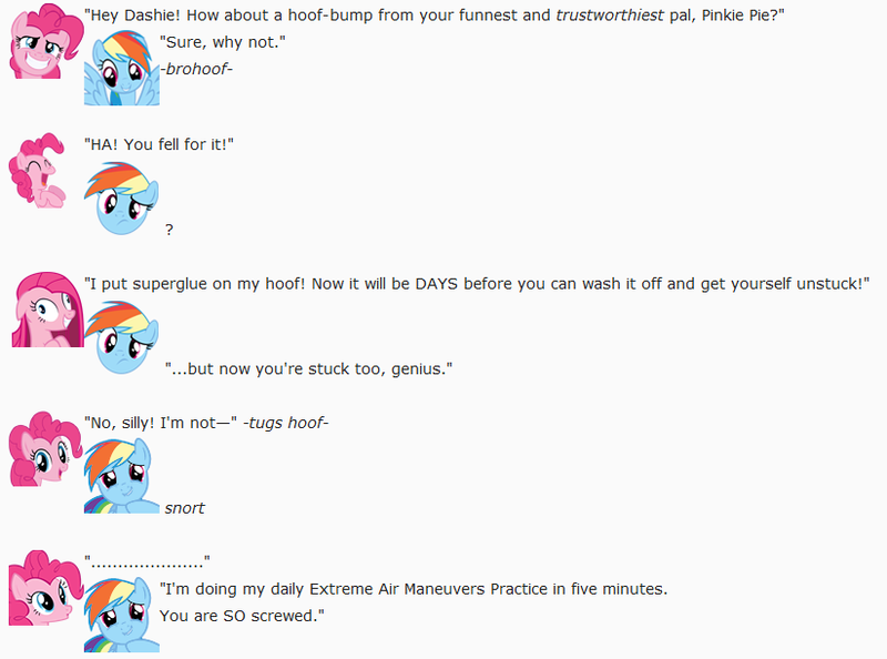 Size: 823x611 | Tagged: artist:dziadek1990, conversation, derpibooru import, dialogue, didn't think this through, emotes, emote story, glue, hoist by their own petard, hoofbump, karma, pinkie pie, prank, rainbow dash, reality ensues, reddit, revenge, safe, slice of life, text