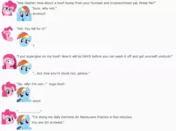 Size: 823x611 | Tagged: artist:dziadek1990, conversation, derpibooru import, dialogue, didn't think this through, emotes, emote story, glue, hoist by their own petard, hoofbump, karma, pinkie pie, prank, rainbow dash, reality ensues, reddit, revenge, safe, slice of life, text