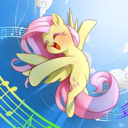 Size: 1500x1500 | Tagged: safe, artist:renokim, derpibooru import, fluttershy, pegasus, pony, filli vanilli, blushing, cloud, colored eyelashes, cute, enjoying, eyes closed, flying, happy, music in the treetops, music notes, open mouth, shyabetes, singing, smiling, solo, spread wings, wings