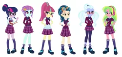 Size: 1365x647 | Tagged: safe, derpibooru import, indigo zap, lemon zest, sci-twi, sour sweet, sugarcoat, sunny flare, twilight sparkle, equestria girls, friendship games, book, bowtie, clothes, crystal prep academy uniform, ear piercing, earring, female, freckles, glasses, goggles, group, hand on hip, hands behind back, headphones, jewelry, looking at you, necktie, piercing, school uniform, shadow five, shadow six, shoes, socks, waving, wristband